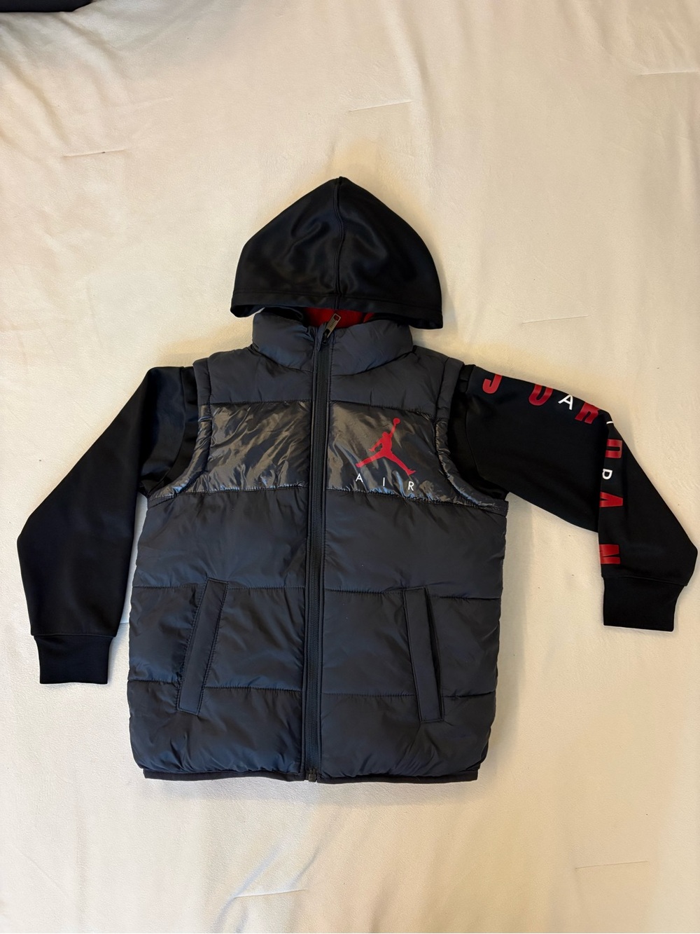 Jordan Youth Jumpman 2-Fer Layered-Look Hooded Puffer Jacket.